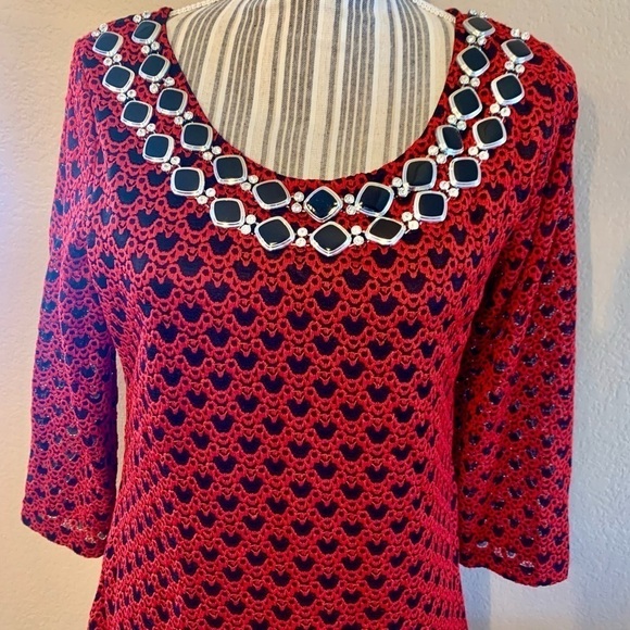 Tunic Top Large La Vanya Embroidered Lace Red Black Beaded Embellishments Classy - Picture 2 of 16